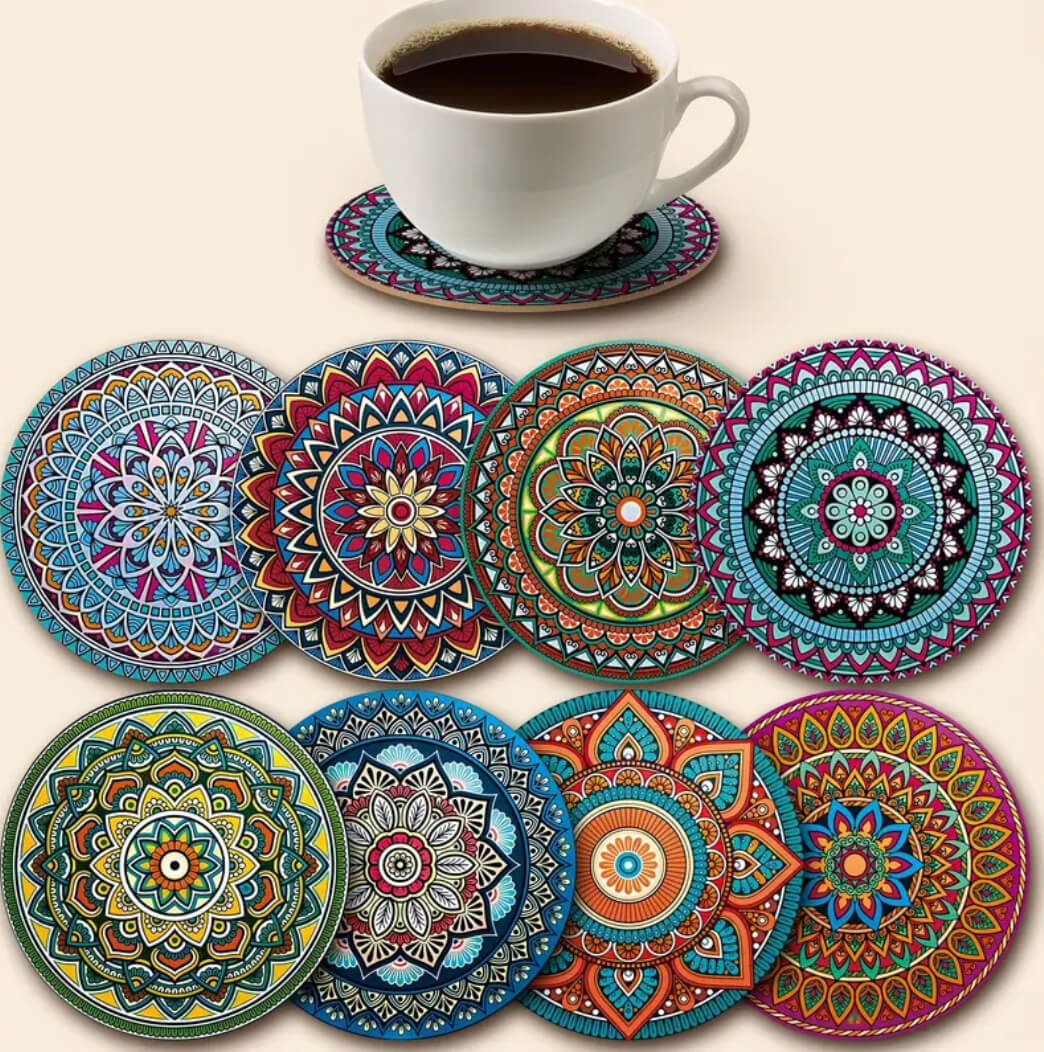 Wooden Mandala Coasters Set (8 Pieces)