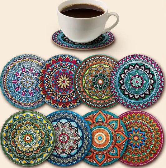 Wooden Mandala Coasters Set (8 Pieces)