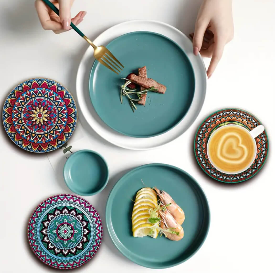Wooden Mandala Coasters Set (8 Pieces)